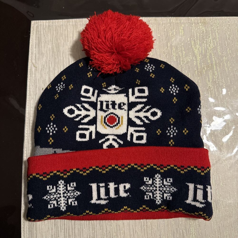 Miller Lite Beer Soft Winter Snowflake Pom-Pom Knit Hat Beanie